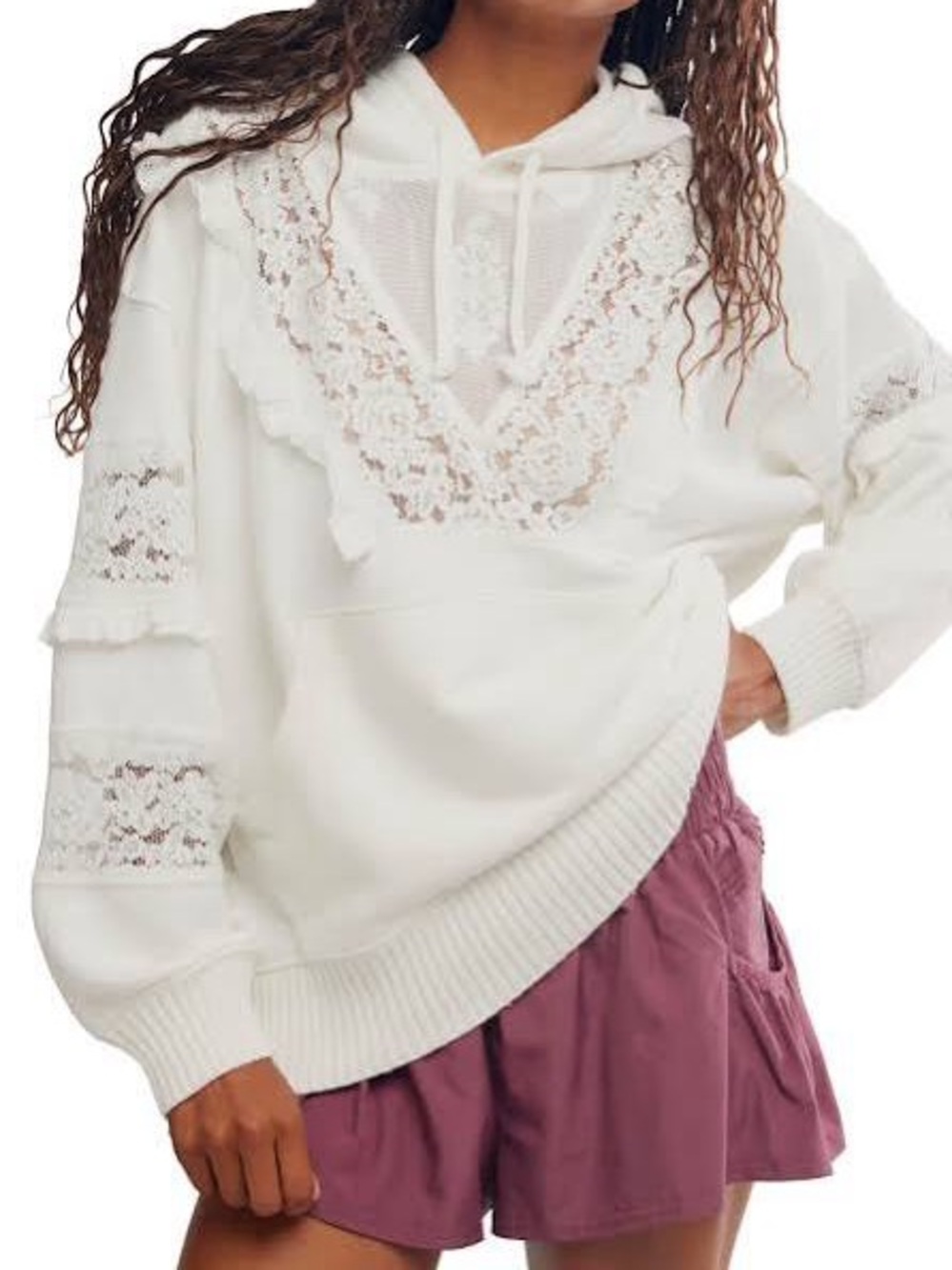 Cato White Lace-Trim Hoodie Sweater